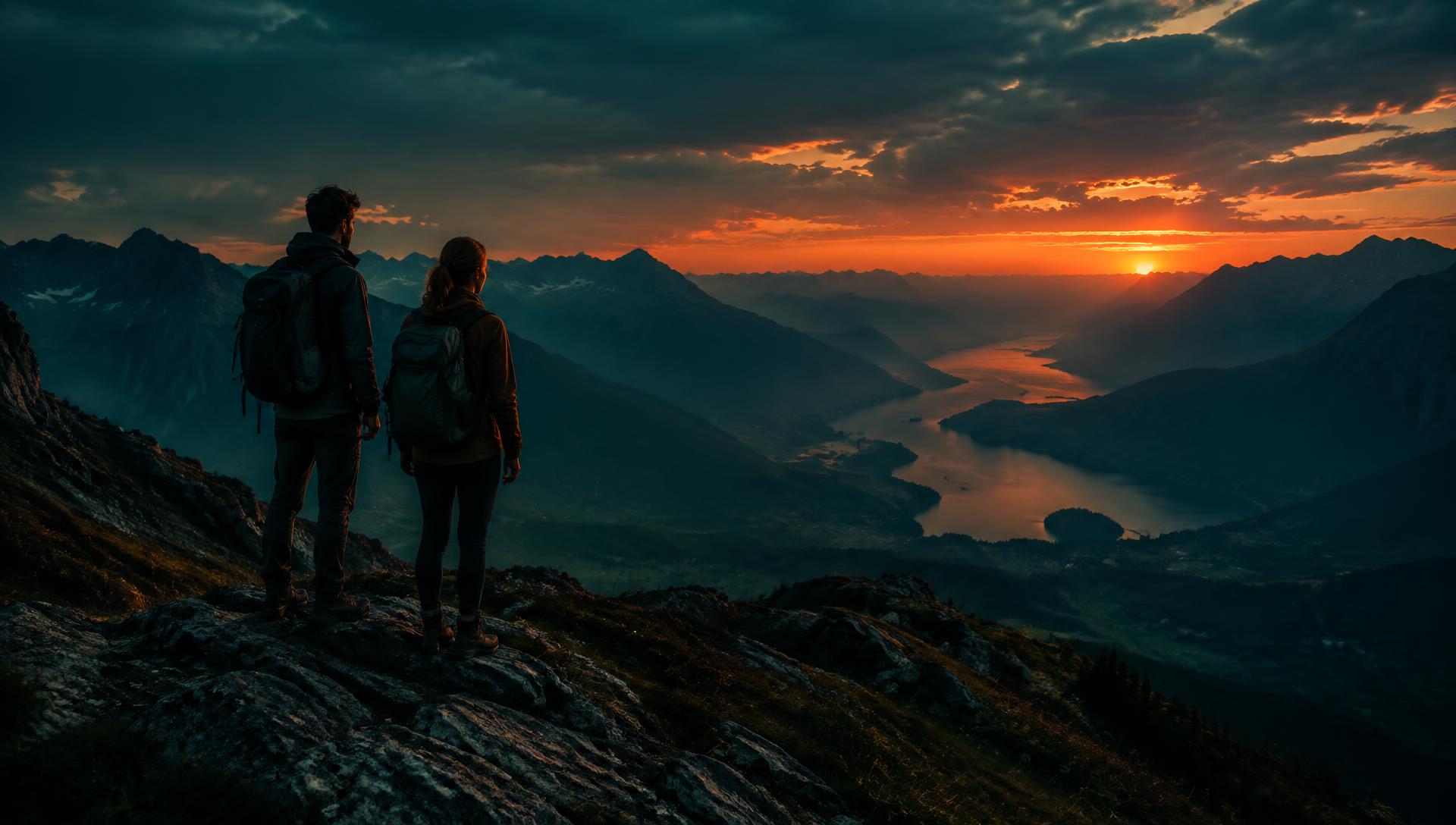 Travellers overlooking a mountain valley at dusk